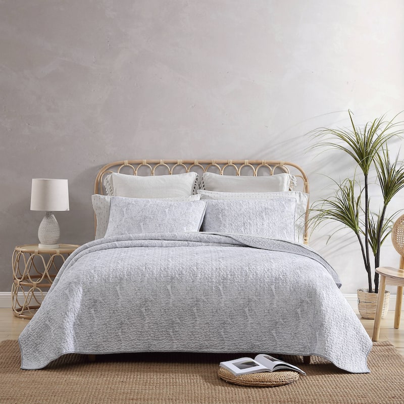Tommy Bahama Distressed Water Leaves Cotton Reversible Quilt Set - Grey - Full - Queen
