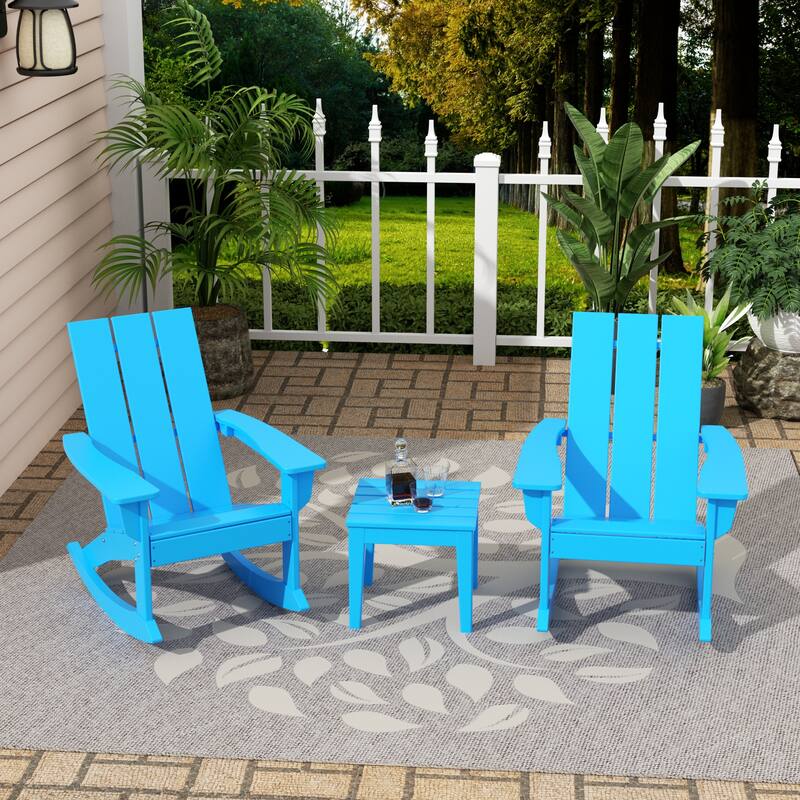 Shoreside Modern Eco-Friendly All Weather Poly Adirondack Rocking Chairs with Side Table (3-Piece Set) - Pacific Blue