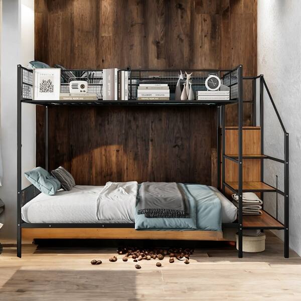 slide 2 of 15, Twin Over Full Metal Bunk Bed with Lateral Storage Ladder and Wardrobe Black