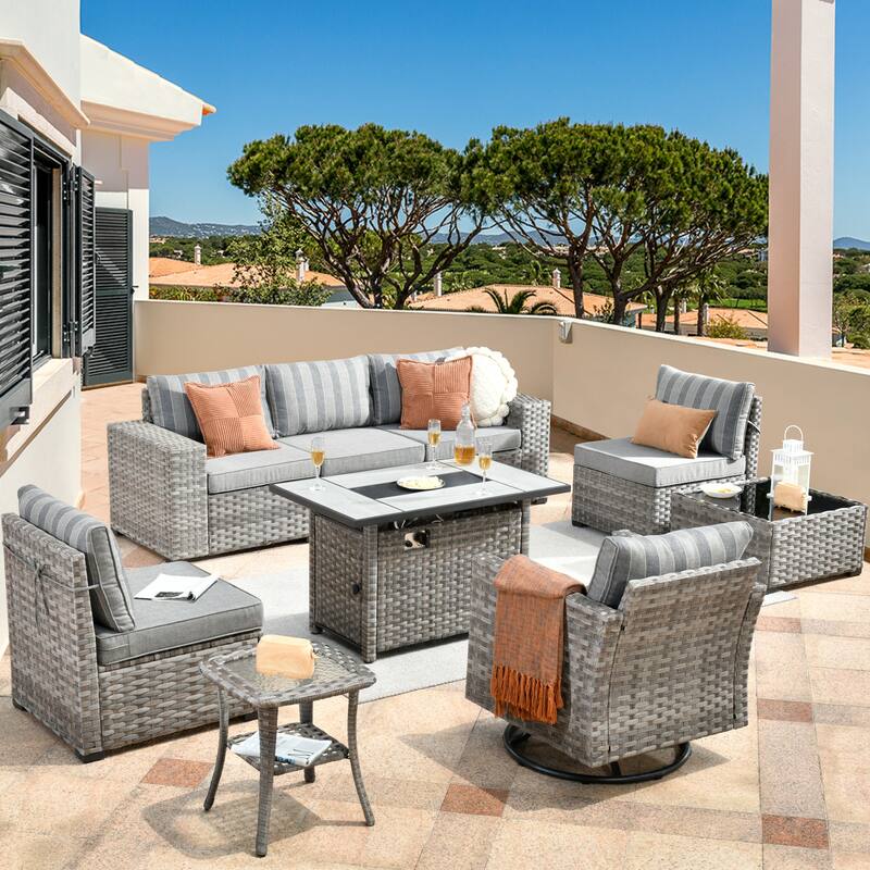 HOOOWOOO 9-piece Wicker Outdoor Modular Wide Armrest Sectional Set Fire Pit Set - Striped Grey