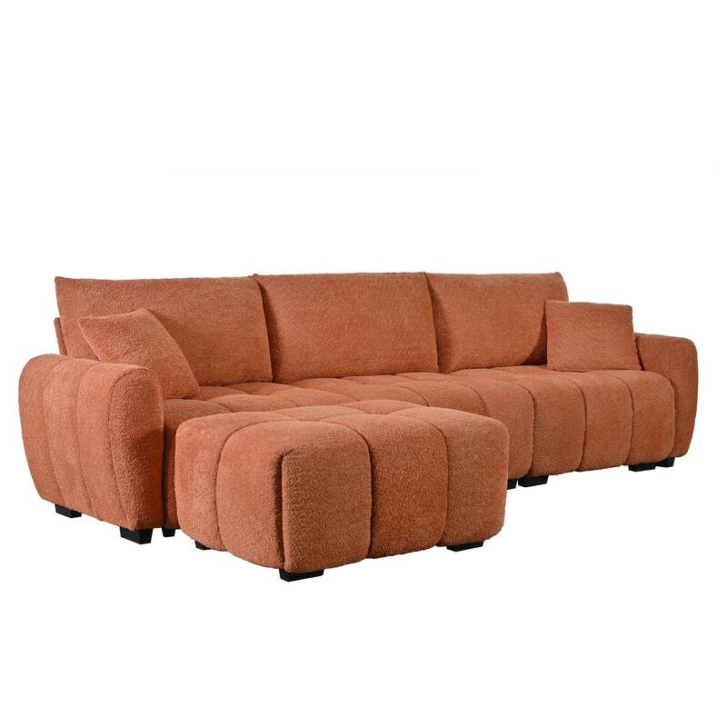 Modular Sectional Sofa Boucle Fabric Pull-line Design L-Shape Sofa Set with Movable Ottoman for Living Room 3-Seater Couch