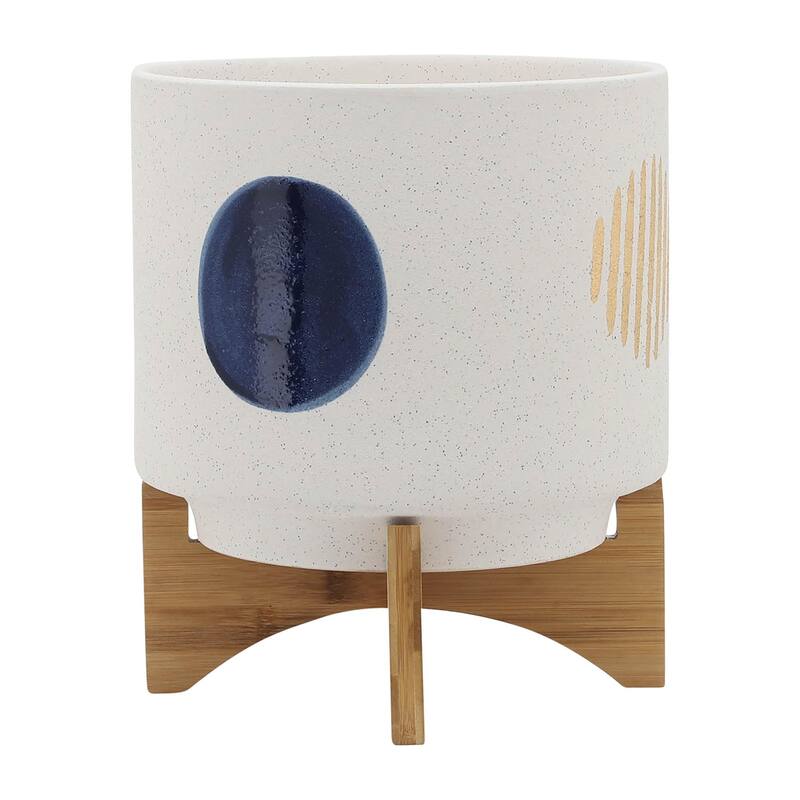 10-inch Funky Planter W/ Wood Stand, White