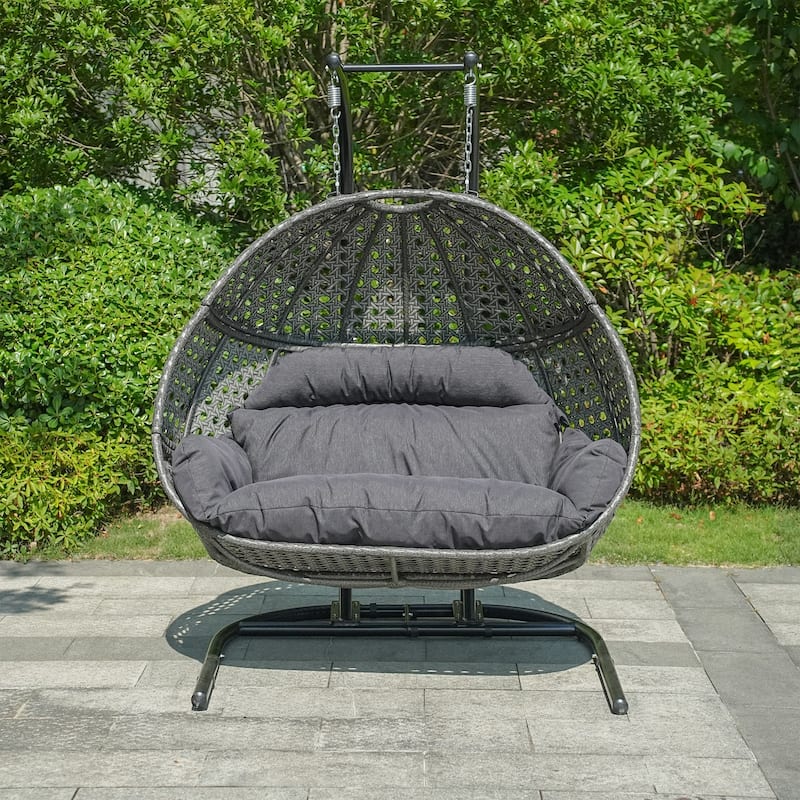 2-Person Hanging Egg Swing Chair with Metal Stand Handcrafted Wicker Breathable Cushion - Grey