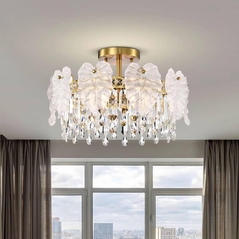 Alma 5-Light Brushed Shiny Brass Leaf-shaped Glass Crystal Flush Mount - 19 inches in diameter x 12.3 inches H