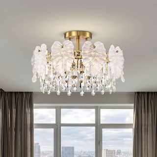 Alma 5-Light Brushed Shiny Brass Leaf-shaped Glass Crystal Flush Mount - 19 inches in diameter x 12.3 inches H