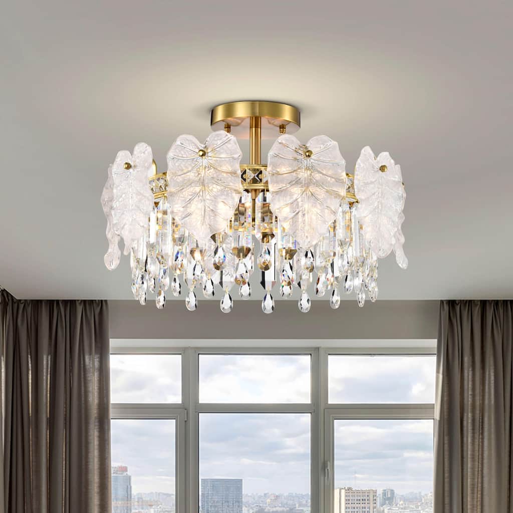 Alma 5-Light Brushed Shiny Brass Leaf-shaped Glass Crystal Flush Mount - 19 inches in diameter x 12.3 inches H