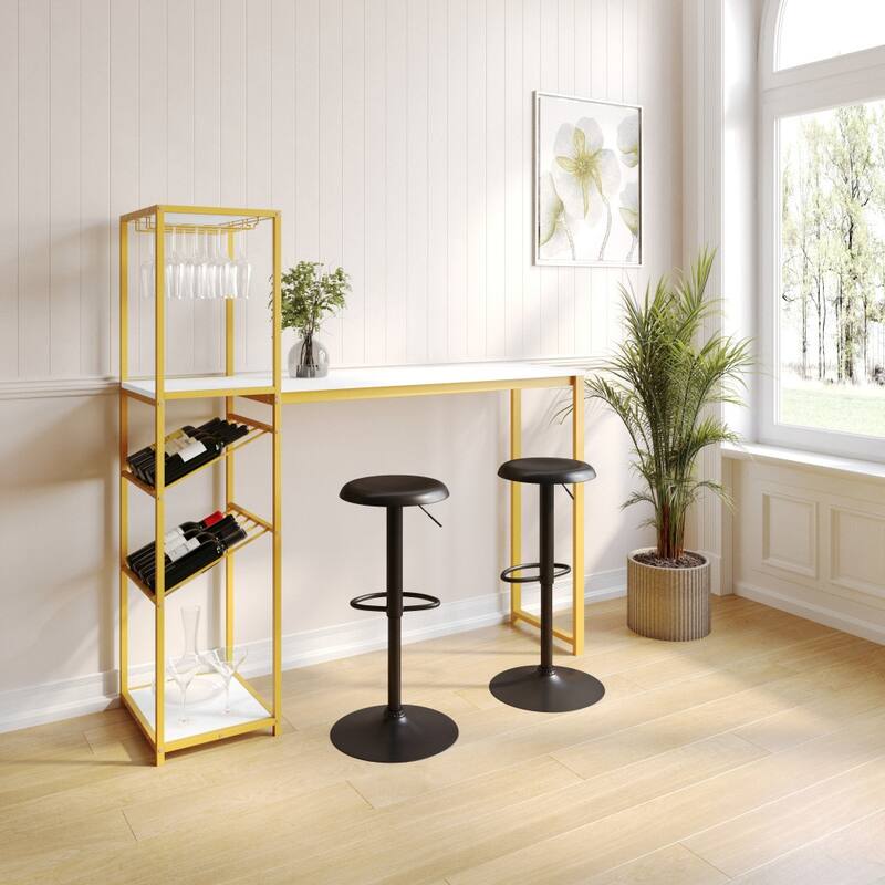 Modern Freestanding Metal Bar Table with Bottle and Stemware Storage - Marble Top/Gold Frame