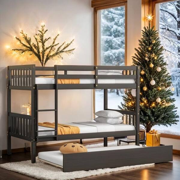 slide 2 of 12, Stylish & Simple Twin Over Twin Bunk Beds with Trundle, Safety Rail and Ladder, Kids/Teens Bedroom, Split Into 2 Beds, Black Espresso