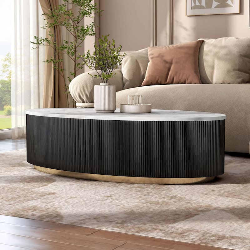 Furniture of America Torin Modern White and Black Genuine Marble Top Oval Coffee Table - Black