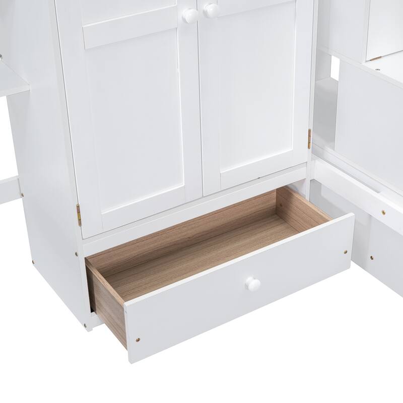 Full Size Loft Bed with Bookshelf, Drawers, Desk, and Wardrobe in White