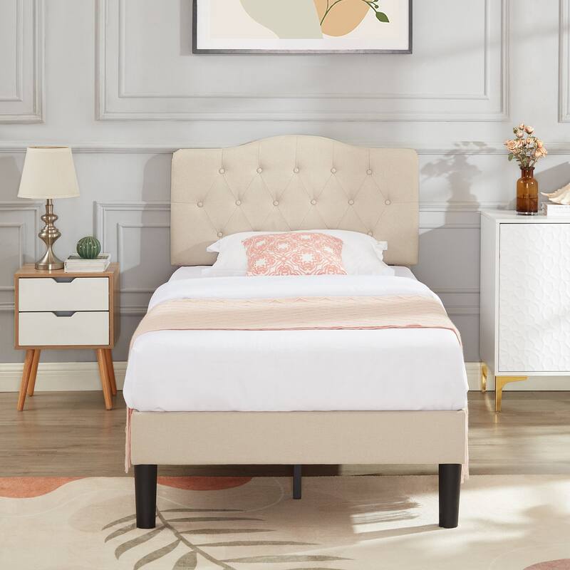 VECELO Tufted Upholstered Bed Frames With Adjustable Headboard - Beige - Twin