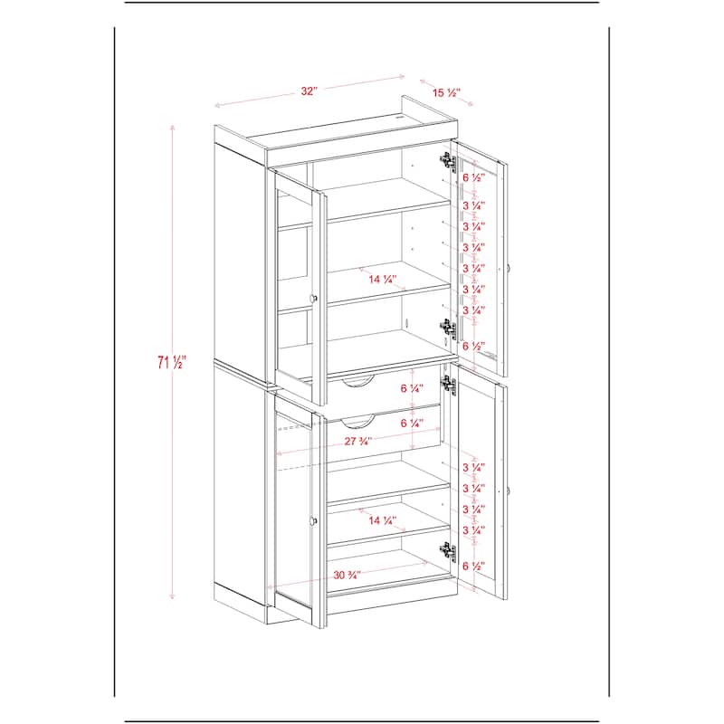 Palace Imports 100% Solid Wood 32" Pantry Cabinet with Clear Glass, Shaker Doors, 2-Drawers and Adjustable Shelves