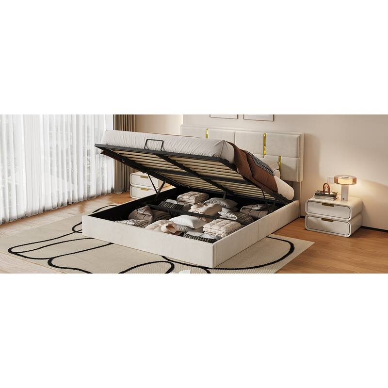 Roomfitters Queen Upholstered Platform Bed with Hydraulic Storage Lift, Modern Bed Frame, No Box Spring Required