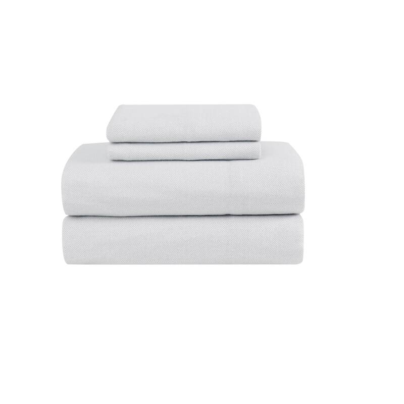 London Fog Solid and Printed Cotton Flannel Sheet Set Collection - Grey Herringbone - Twin