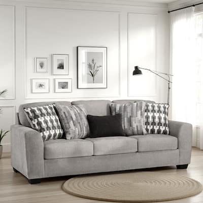 Delaney Sofa, Gray Polyester, 5 Accent Throw Pillows, Black, 97 Inch