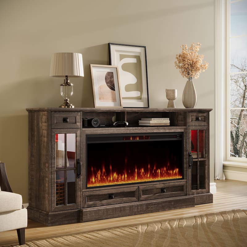 Fireplace TV Stand for 80" TV, Farmhouse Entertainment Center with LED - Black