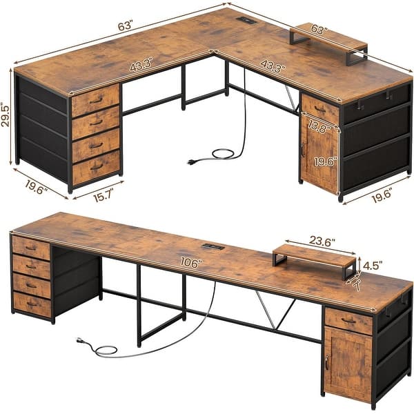 dimension image slide 1 of 10, L Shaped Computer Desk 5 fabric Drawers Gaming Desk Storage Shelf