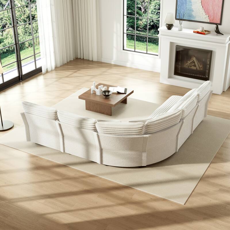 5-Seater L-Shaped Sectional Sofa with Curved Corner - Plush Corduroy Fabric, 7 Pillows (3 Throw + 4 Lumbar)