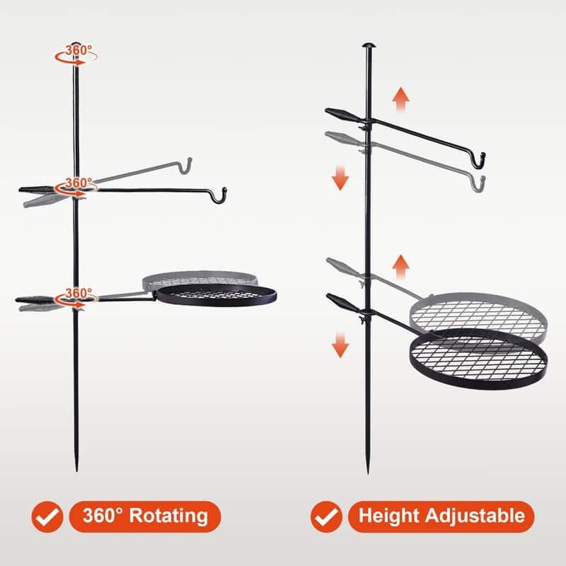 Swivel Campfire Grill With Height Adjustable Grill Grate And Hanger Rod