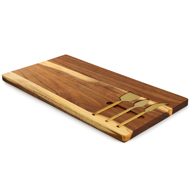 MegaChef 21 x 11 Inch Acacia Wood Cheese Board with 3 Piece Knife Set