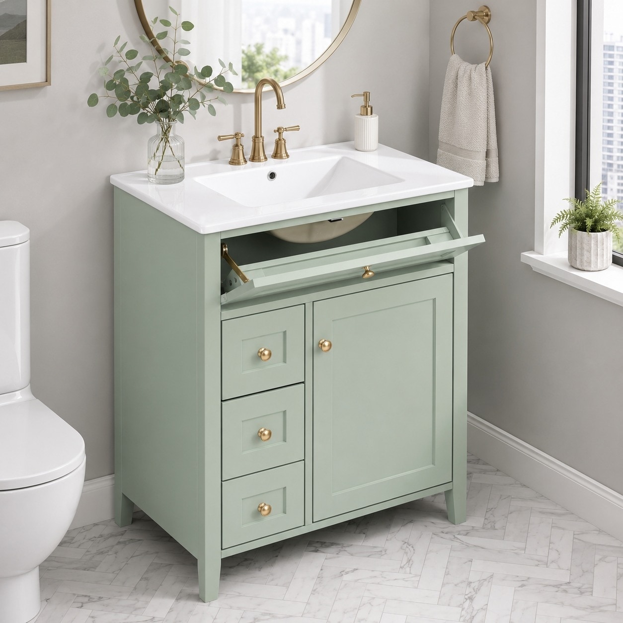 30 Inch Bathroom Vanity with Sink, Modern Freestanding Cabinet with 4 Drawers Adjustable Shelf Storage