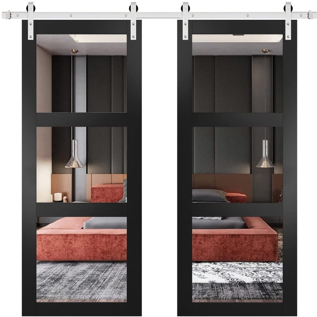 SARTODOORS Lucia 2555 Black Matte Wood Double Sliding Barn Doors with Clear Glass