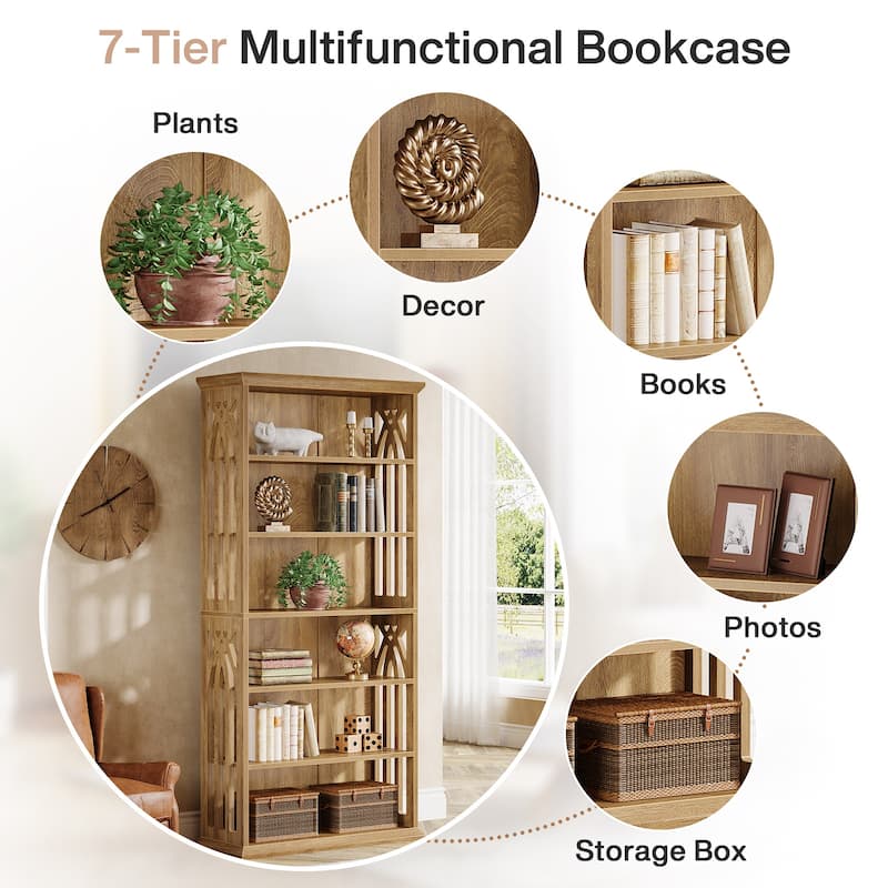 7-Tier Wood Bookshelf, 75 Inch Tall Bookcase Display Shelves
