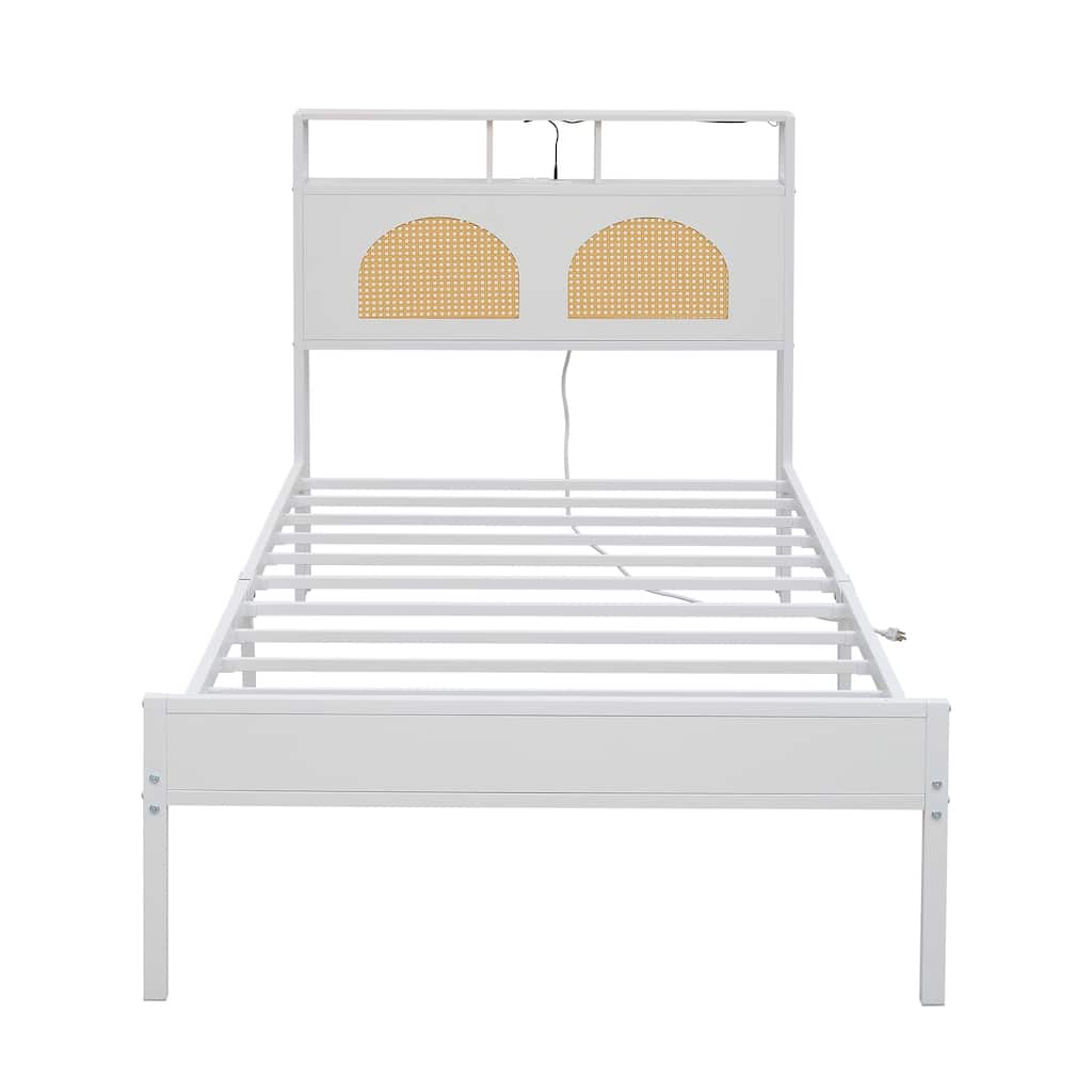Twin Bed Frame with Under-bed Storage Space, Rattan Headboard Platform Bed with LED & Charging Station