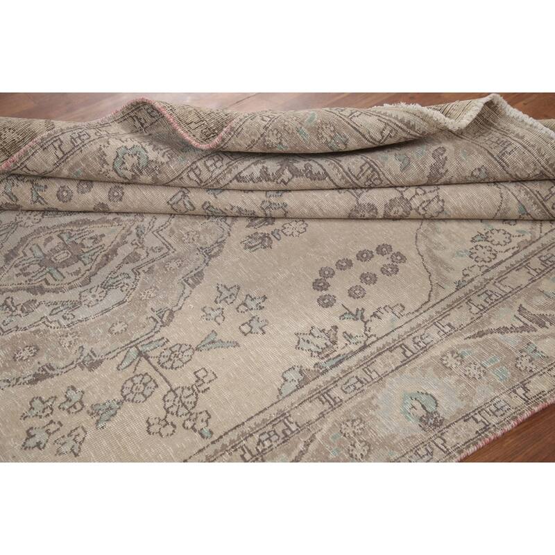 Hand Knotted Oriental 100% Wool Carpet Traditional Medallion Beige & Ivories Tabriz Area Rug - 9' 11'' X 6' 2''