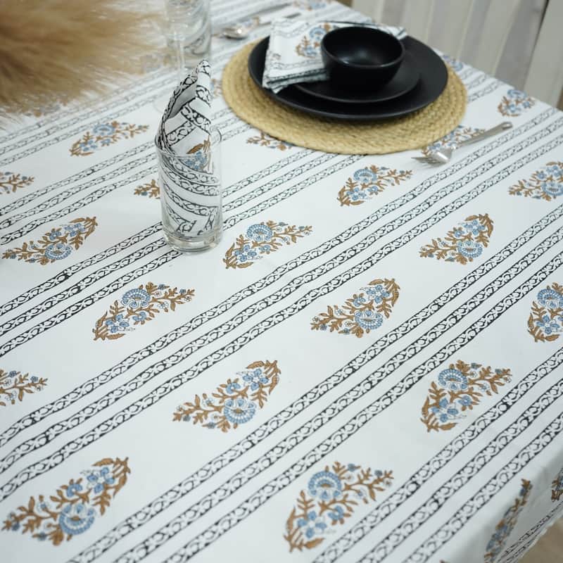 Fabdivine Handmade Block Print Cotton Table Cover Farmhouse Dining Kitchen Decor Gift - 60"X90" - Kali- Blue, Brown