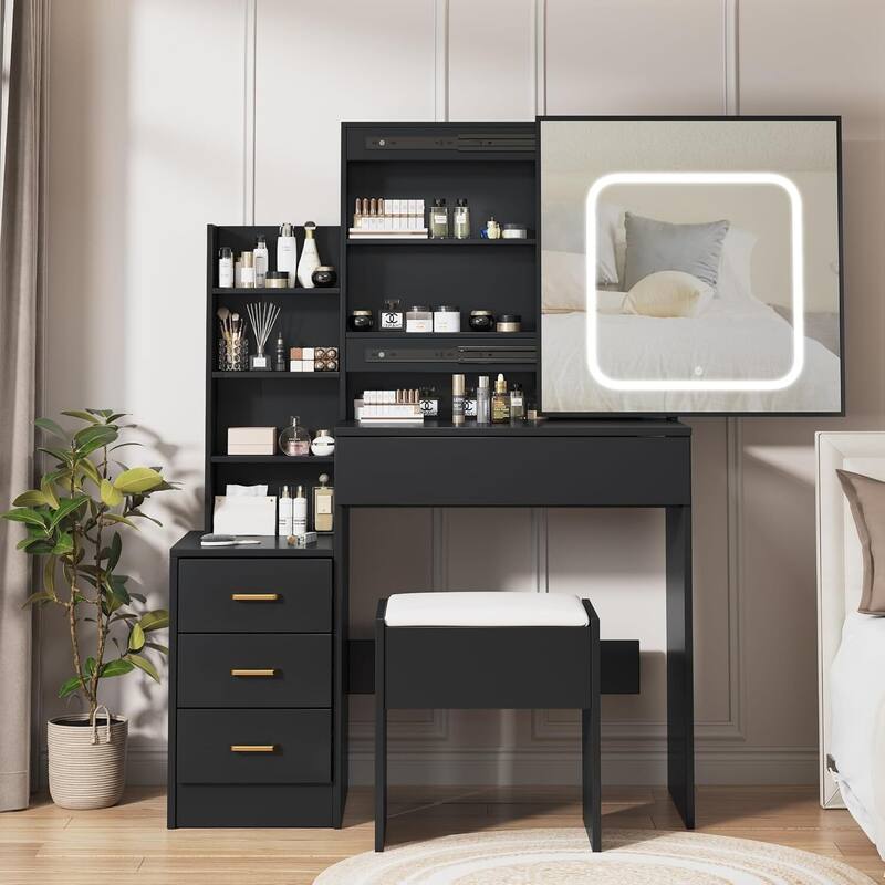 4 Drawers Dressing Table, Makeup Vanity Desk with Mirror and Lights for Bedroom - Black