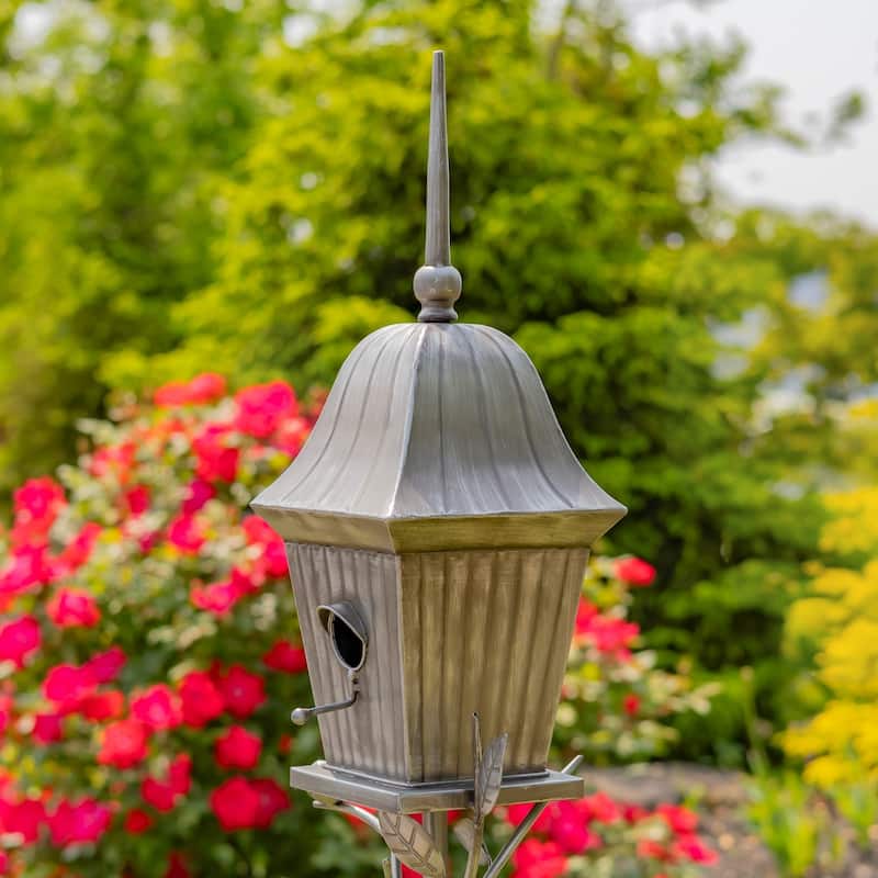 65.5" Tall Iron Birdhouse Stake "Riga" - 8.75" L x 7.75" W x 65.5" H