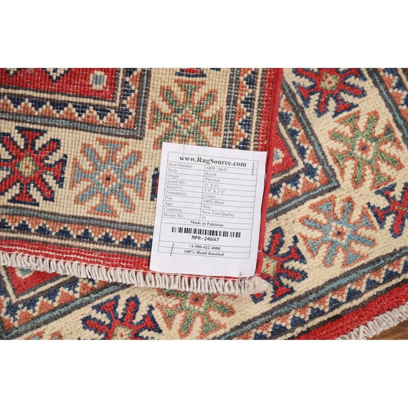 Traditional Kazak Oriental Rug Handmade Red Wool Carpet - 2'0"x 3'0"