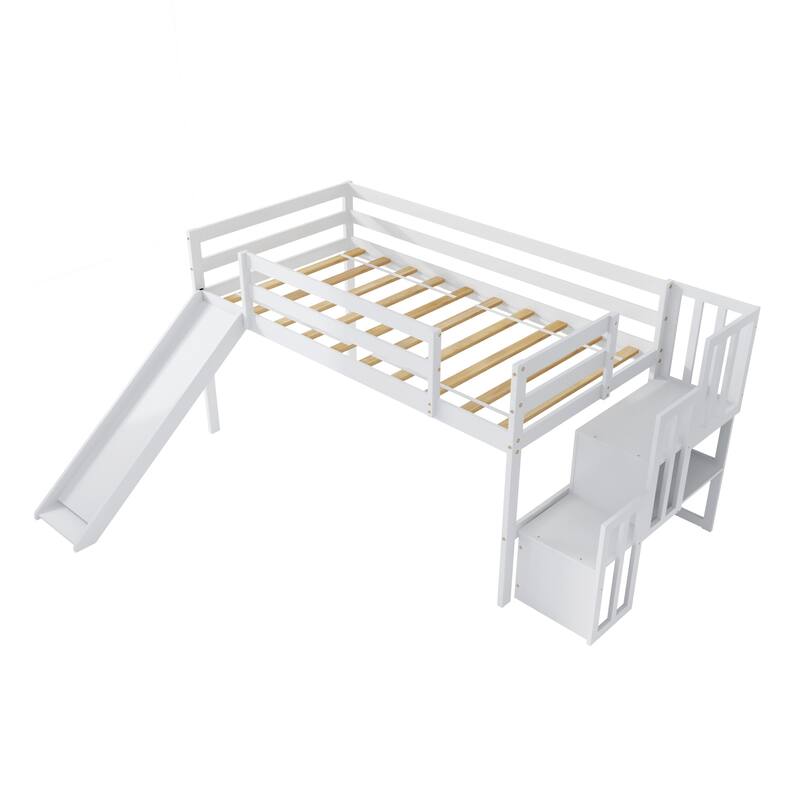 Sturdy Loft Bed with Staircase,Storage,Slide,Twin size Bed Bath