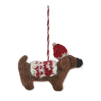 Dachshund Dog Christmas Ornament - Multicolor Wool Tree Decoration, 1.5" H x 3.5" L x 1" W, Wipe Clean