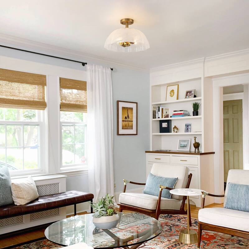 2-Light Cloudy Glass Semi Flush Mount - Gold