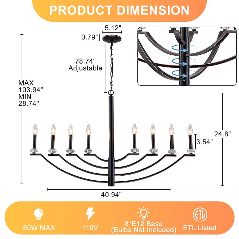 8-Light Industrial Black Chandelier Crystal Accents Adjustable Arms - Dia.40.94-in