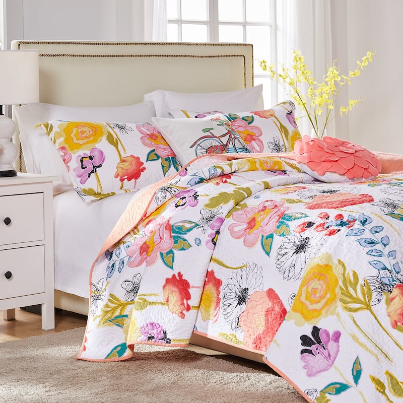 Greenland Home Fashions Watercolor Dream 100% Cotton Modern Floral Quilt Set - White 5-Piece - King