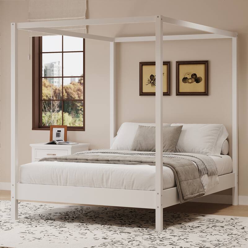 Queen/King Canopy Bed with Slats Support, Solid Wood 4 Poster Platform Bed Frame for Home Apartment, Bedroom Bed Foundation - White - King