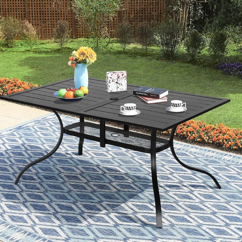 60" x 37" Outdoor Patio Rectangular Metal Slatted Dining Table with Umbrella Hole for 6 Person