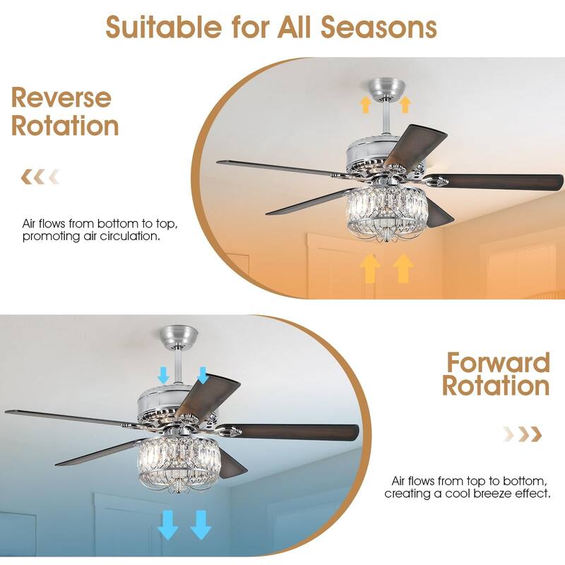 52" Modern Crystal Ceiling Fan Chandelier with Remote,2 Bulbs,Reversible DC Motor,5 Plywood Blades - 52 Inches