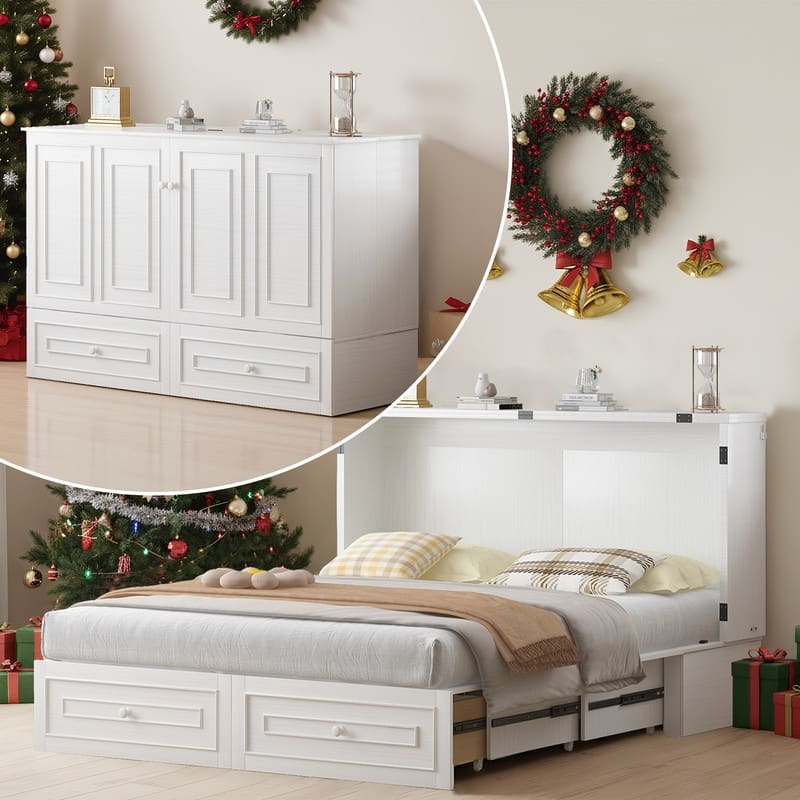 Mixoy Queen Modern Murphy Bed Chest with Mattress and Storage Drawer