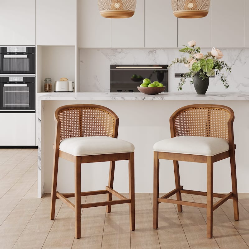 Christopher Knight Home - Tatti Scandinavian-Inspired Wooden Counter Stool Set with Rattan Accent Backrest - Walnut Finish+Beige Cushion