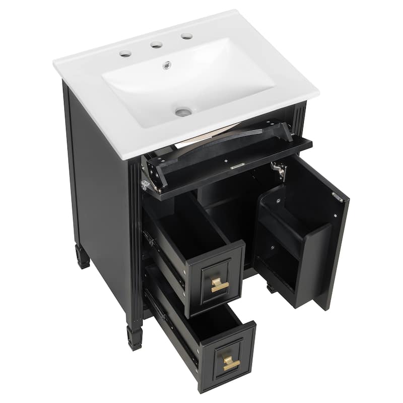 24-Inch Bathroom Vanity with Sink,Solid Wood and MDF Cabinet with One Flip Drawer,2 Standard Drawers,Freestanding Vanity