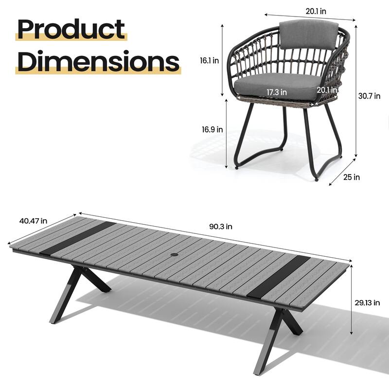 11PC Outdoor Patio Aluminum Dining X Frame Table and Rattan Chairs Set with Umbrella Hole
