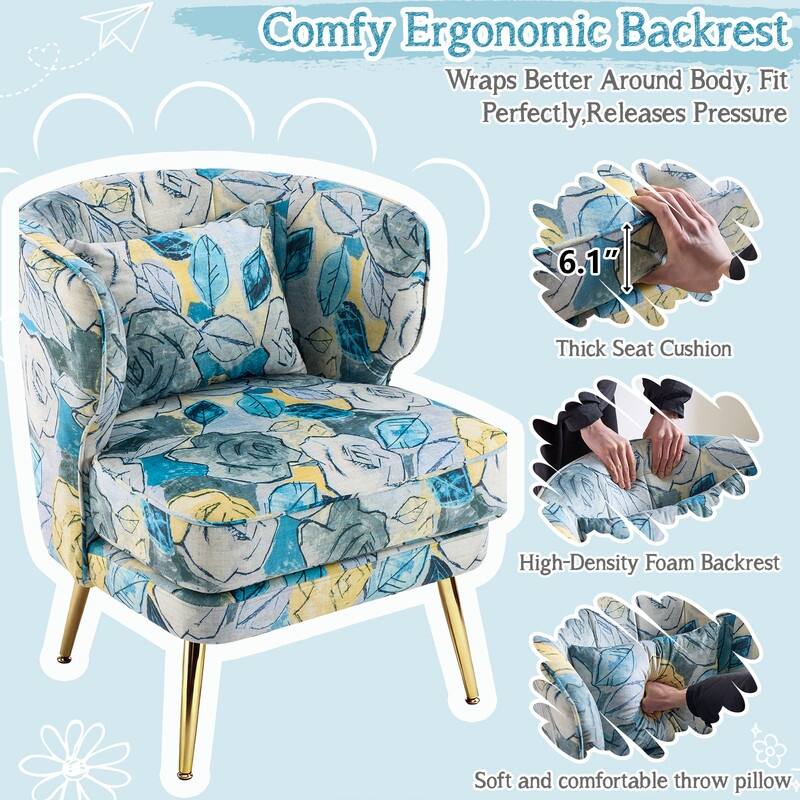 Mid Century Modern Upholstered Reading Chair with Lumbar Pillow, Gold Metal Legs, Small Space Friendly for Living Room Bedroom