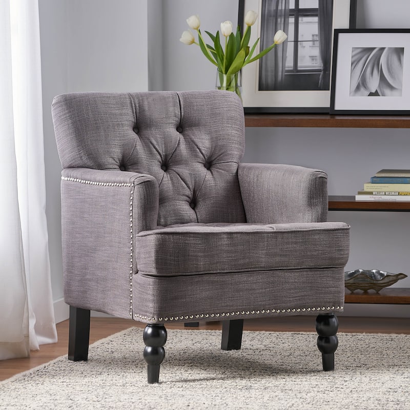 Roomfitters Tufted Club Chair, Upholstered Fabric Armchair with Nailhead Trim and Birch Wood Legs - Charcoal