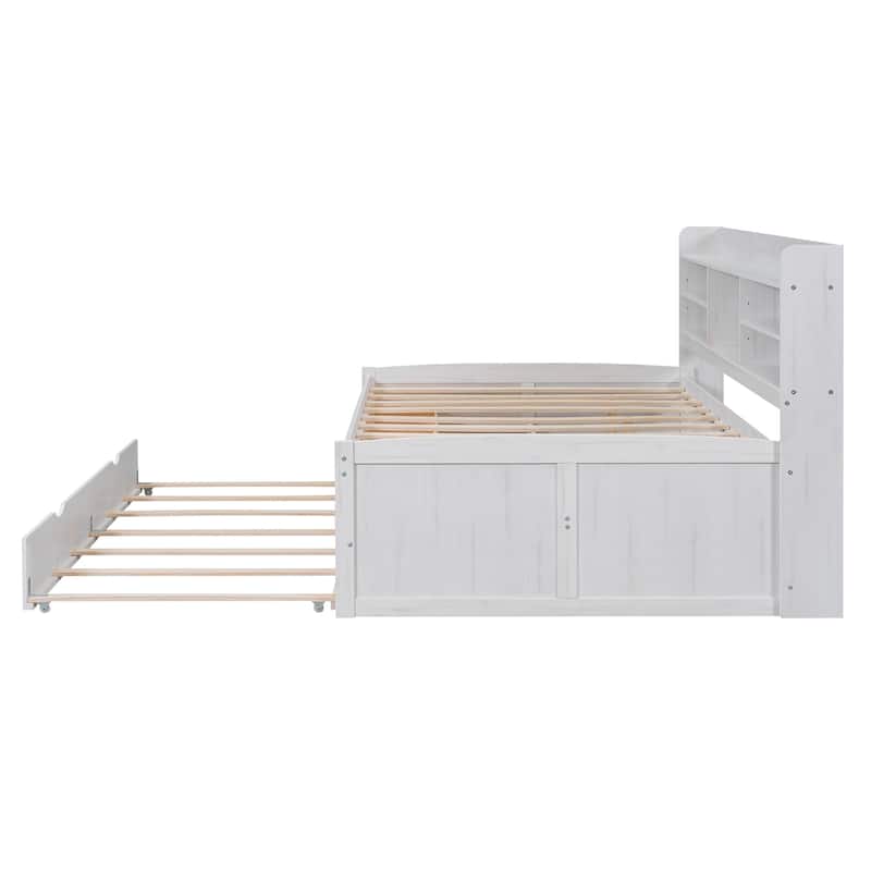 White Full Size Wooden Captain Platform Bed with Built-in Bookshelves, Three Storage Drawers and Trundle