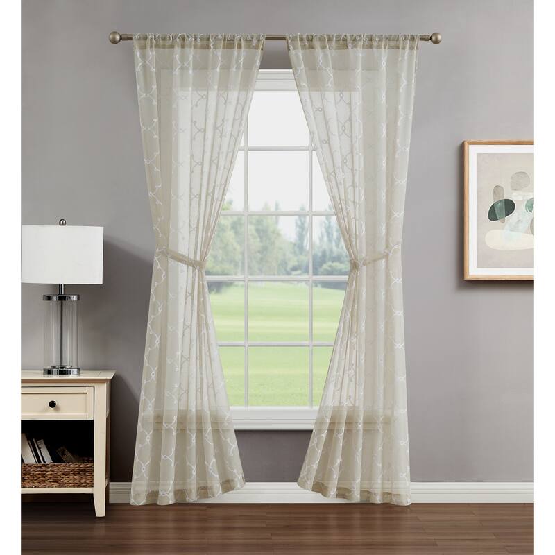 Creative Home Ideas Selena Embroidered Sheer Rod Pocket Window Curtain Panel Pair with Tiebacks