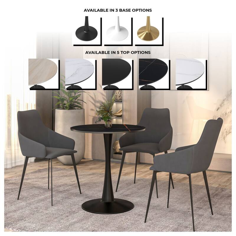 Bristol 27" Round Minimalist Dining Table Sintered Stone Top & Black Iron Pedestal Base for Kitchen & Dining Room